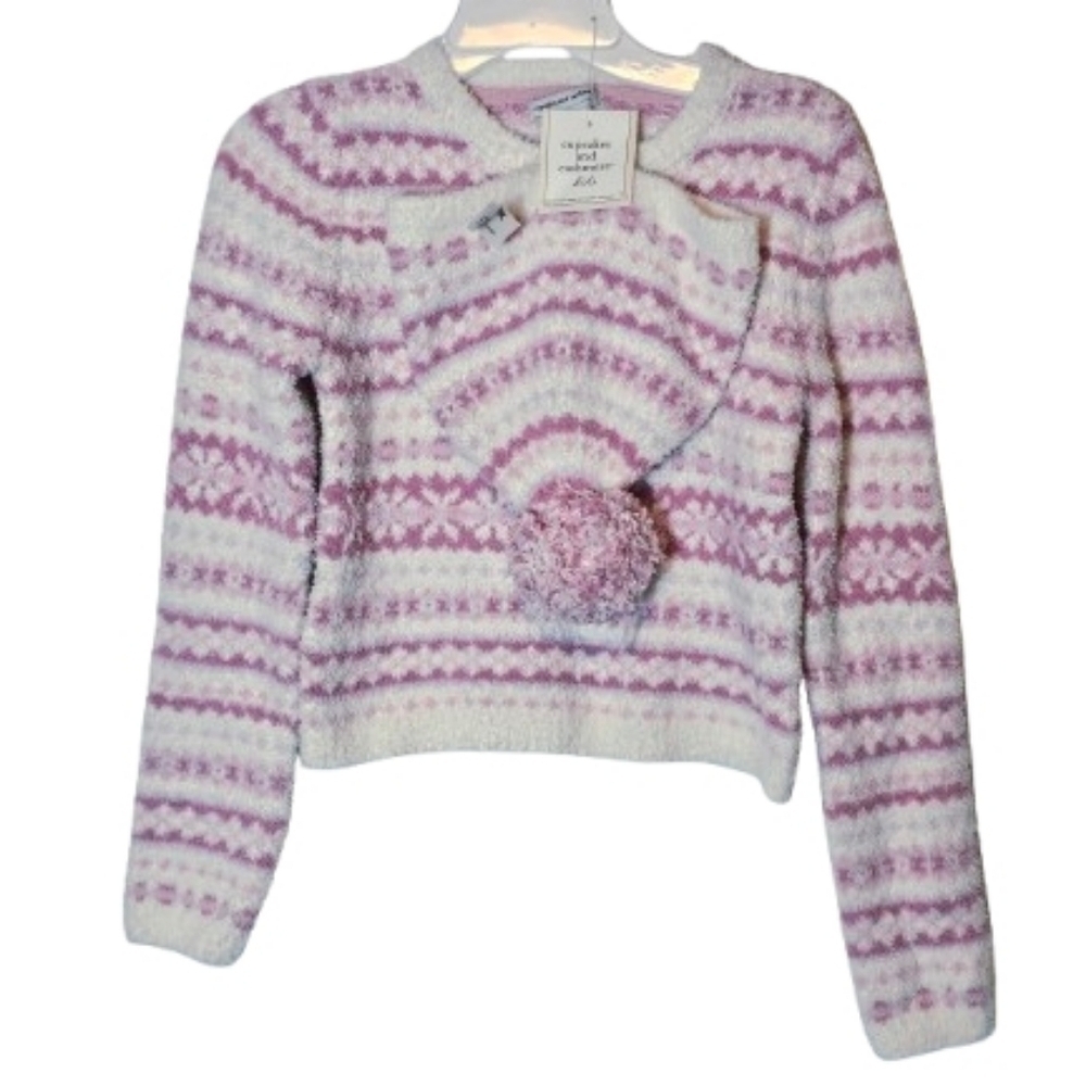 cupcakes & cashmere Kids Lavender Pink and White Sweater & Hat Size L 10/12